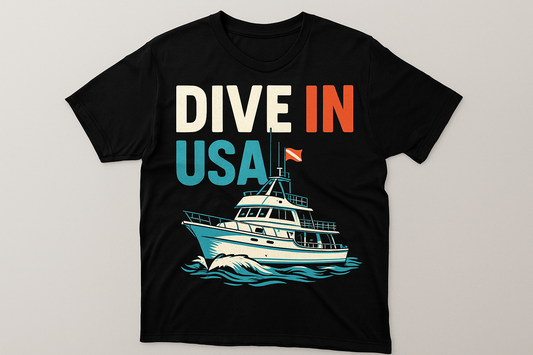 Black tshirt with Dive in USA and a boat on it